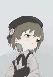  1girl beret black_hat black_ribbon black_skirt brown_eyes brown_hair collared_shirt flower grey_background grey_shirt hat hatoba_tsugu long_sleeves looking_to_the_side parted_lips ribbon rose shinagiku shirt short_hair skirt solo suspender_skirt suspenders tsugu_(vtuber) upper_body virtual_youtuber white_flower white_rose 