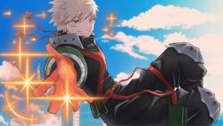  1boy bakugou_katsuki belt black_pants black_shirt blonde_hair boku_no_hero_academia canister clouds collared_shirt commentary english_commentary gloves grin highres knee_pads looking_at_viewer male_focus orange_gloves outstretched_arm pants red_eyes scar scar_on_cheek scar_on_face shirt short_hair sky smile solo sparkle spiky_hair superhero_costume ysyi_03 