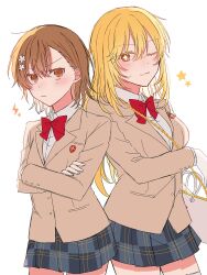  :/ ;) ;/ asymmetrical_bangs b.m.m bag blazer blonde_hair bow bowtie breasts brown_eyes brown_hair brown_jacket collared_shirt commentary_request crossed_arms gloves grey_skirt hair_between_eyes hair_ornament hairpin handbag highres jacket large_breasts lightning_bolt_symbol long_hair long_sleeves looking_at_viewer miniskirt misaka_mikoto one_eye_closed plaid_clothes plaid_skirt red_bow red_bowtie school_emblem school_uniform shirt shokuhou_misaki short_hair skirt smile sparkle star-shaped_pupils star_(symbol) symbol-shaped_pupils thigh-highs toaru_kagaku_no_railgun toaru_majutsu_no_index tokiwadai_school_uniform white_background white_gloves white_shirt white_thighhighs winter_uniform yellow_eyes 