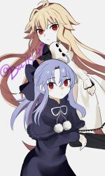  2girls antenna_hair arcueid_brunestud balkj4g black_bow black_capelet black_dress black_pantyhose blonde_hair blush bow buttons capelet commentary_request curtained_hair dress dress_bow eco-arc empty_eyes floating_hair frilled_dress frills hair_intakes highres len_(tsukihime) long_hair long_sidelocks looking_at_viewer melty_blood melty_blood:_twi-lumina melty_blood:_type_lumina multiple_girls pantyhose pointy_ears pom_pom_(clothes) sidelocks tsukihime tsukihime_(remake) very_long_hair white_background white_dress 
