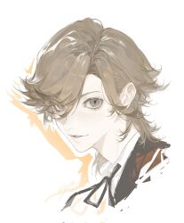  1boy amada_ken black_jacket black_ribbon brown_eyes brown_hair collared_shirt commentary_request cropped_shoulders drop_shadow eyelashes hair_behind_ear highres jacket looking_at_viewer male_focus medium_hair neck_ribbon parted_hair persona persona_3 portrait ribbon sanriyuexiang shirt simple_background smile solo white_background white_shirt wing_collar 