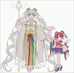  2girls bishoujo_senshi_sailor_moon blue_eyes blue_sandals blue_skirt character_request closed_mouth commentary_request grey_background grey_hair grey_kimono grey_shoes hakusai_(tiahszld) heart high_heels holding holding_staff japanese_clothes kimono long_hair long_sleeves multiple_girls obi platform_heels platform_sandals pleated_skirt purple_hair sailor_chibi_chibi sandals sash shoes skirt smile staff twintails very_long_hair violet_eyes wide_sleeves 