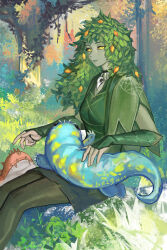 1girl absurdres against_tree animal_on_lap arm_armor breasts closed_mouth colored_skin commentary_request dina_(magic:_the_gathering) dryad feet_out_of_frame grass green_shirt green_skin highres looking_at_viewer magic:_the_gathering making-of_available medium_breasts monster_girl on_lap outdoors pantyhose plant_girl plant_hair shirt solo tree yellow_eyes yitai_zhi_meng 
