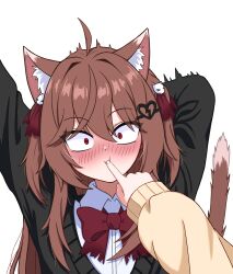  2girls :i absurdres ahoge animal_ear_fluff animal_ears arm_above_head arm_behind_head black_cardigan blush bow bowtie brown_hair cardigan cat_ears cat_girl cat_tail collared_shirt constricted_pupils english_commentary evil_neuro-sama evil_neuro-sama_(1st_costume) fang hair_intakes hair_ornament hair_ribbon highres hororin long_hair multiple_girls neuro-sama neuro-sama_(1st_costume) nose_blush open_mouth poking pov pov_hands red_bow red_bowtie red_ribbon ribbon shirt simple_background skull_hair_ornament sleeves_past_wrists solo surprised tail torn_bowtie torn_hair_ribbon two_side_up vedal_ai virtual_youtuber white_background white_shirt 