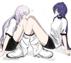  2girls 92837lan acheron_(honkai:_star_rail) alternate_costume black_shorts black_swan_(honkai:_star_rail) breasts closed_mouth empty_eyes from_side full_body hair_between_eyes hair_over_one_eye half-closed_eye half-closed_eyes heart highres honkai:_star_rail honkai_(series) leg_warmers long_hair looking_at_another matching_outfits medium_breasts multicolored_hair multiple_girls purple_hair shadow shirt shoes short_shorts short_sleeves shorts simple_background sitting smile sneakers speech_bubble spoken_heart streaked_hair sweatdrop t-shirt violet_eyes wavy_hair white_background white_hair white_leg_warmers white_shirt white_shoes yuri 