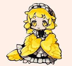  1girl apron bird_legs bird_tail blonde_hair commentary_request dress feathered_wings feathers harpy i7go34 maid maid_headdress monster_girl original simple_background solo tail talons twitter_username white_background winged_arms wings yellow_eyes yellow_feathers yellow_maid_harpy_(i7go34) yellow_tail yellow_wings 