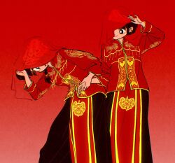  2girls black_eyes black_hair black_skirt braid chinese_clothes chinese_wedding closed_mouth commentary_request highres holding_hands long_skirt luuxiriver multiple_girls open_mouth partial_commentary ranma_1/2 red_veil saotome_ranma saotome_ranma_(female) short_hair single_braid skirt tendou_akane veil yuri 
