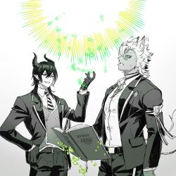  2boys animal_ears book commentary_request cowboy_shot dragon_boy dragon_horns green_theme highres horns jack_howl jip magic male_focus malleus_draconia multiple_boys night_raven_college_school_uniform pointy_ears school_uniform spot_color standing tail twisted_wonderland wolf_boy wolf_ears wolf_tail 