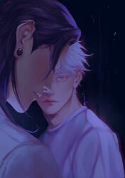  2boys 3aem black_hair blue_eyes closed_mouth commentary crew_neck earrings english_commentary geto_suguru gojo_satoru hair_slicked_back highres jewelry jujutsu_kaisen looking_at_another male_focus multiple_boys piercing plug_(piercing) shirt short_sideburns sideburns t-shirt upper_body white_hair white_shirt 