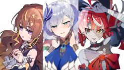  3girls ahoge anya_melfissa anya_melfissa_(1st_costume) black_dress black_nails black_sleeves blonde_streaks blue_dress brown_hair carternanmen chest_sarashi closed_mouth colored_skin cross-shaped_pupils detached_sleeves diamond-shaped_pupils diamond_(shape) dress frilled_sleeves frills green_eyes grey_hair grey_skin highres hololive hololive_indonesia holoro kureiji_ollie kureiji_ollie_(1st_costume) long_hair looking_at_viewer multicolored_hair multiple_girls nail_polish open_mouth patchwork_skin pavolia_reine pavolia_reine_(1st_costume) pink_streaks ponytail red_eyes red_hair sarashi streaked_hair symbol-shaped_pupils tongue tongue_out twintails v v_over_head very_long_hair violet_eyes virtual_youtuber yellow_eyes zombie 