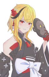  1girl absurdres bare_shoulders black_kimono blonde_hair commentary detached_sleeves english_commentary flower hair_ornament highres holding holding_mask hololive hololive_indonesia ichiyaichimaru japanese_clothes kaela_kovalskia kaela_kovalskia_(new_year) kimono looking_at_viewer mask obi official_alternate_costume print_kimono red_eyes red_flower red_rose rose sash sleeveless sleeveless_kimono virtual_youtuber white_background 