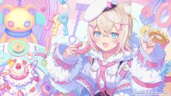  1girl :d animal_ears beret blonde_hair blue_eyes cake commentary_request cropped_shirt crossed_bangs dog_ears dog_girl double-parted_bangs doughnut fangs food fur-trimmed_jacket fur_trim hair_between_eyes hands_up hat highres holding holding_food hololive hololive_dreams hololive_english jacket looking_at_viewer mococo_abyssgard multicolored_hair navel necktie official_alternate_costume official_art open_mouth pink_necktie pink_streaks pon_de_ring shirt short_hair skin_fangs smile solo streaked_hair tilted_headwear two_side_up virtual_youtuber white_hat white_jacket white_shirt 