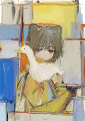  1girl absurdres animal animal_ears artist_name bird blush brown_eyes brown_hair ciel_(paradis47) closed_mouth commentary goose hair_between_eyes halo highres holding holding_animal looking_at_viewer no_nose original raincoat signature simple_background sitting yellow_halo yellow_raincoat 