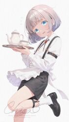  1girl alternate_costume black_shoes black_shorts blue_eyes blunt_bangs blush butler chisamikan commentary_request cup female_butler flat_chest flying_sweatdrops gem goddess_of_victory:_nikke grey_hair head_tilt highres kneehighs looking_at_viewer open_mouth red_gem shoes short_hair short_shorts shorts simple_background socks solo standing standing_on_one_leg suspender_shorts suspenders teacup teapot tray vesti_(nikke) watermark white_background 