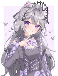  1girl black_butterfly blush bow bowtie bug butterfly butterfly_hair_ornament commentary_request commission corset crown dress frilled_dress frilled_sleeves frills goth_fashion gothic_lolita grey_hair hair_ornament halo heterochromia iriam lolita_fashion magical_girl skeb_commission smile suzuse_nonomaru v virtual_youtuber x_hair_ornament yne_nenene 