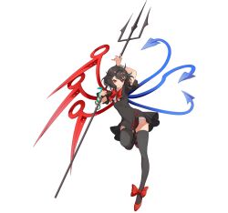  1girl artist_request asymmetrical_wings black_dress black_hair black_thighhighs blue_wings bow bowtie closed_mouth dress full_body game_asset houjuu_nue leg_up looking_at_viewer non-web_source official_art polearm red_bow red_bowtie red_eyes red_shoes red_wings self-datamine shoes short_sleeves simple_background smile snake solo thigh-highs touhou touhou_arcadia_record transparent_background trident weapon wings 