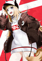  1girl :d absurdres adjusting_clothes adjusting_headwear animal_ears baseball_cap black_jacket blonde_hair cowboy_shot dog_ears dog_girl dog_tail fang grey_eyes hand_up hat highres hood hood_down hoodie jacket kmnz lita_(kmnz) long_hair open_clothes open_jacket open_mouth smile solo tail terepin_(terepin_ice) thighs virtual_youtuber white_hat white_hoodie 