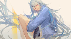  1girl absurdres ahoge black_streaks blue_jacket commission floating_hair highres hug ichika_(ichika87) jacket long_hair looking_at_viewer multicolored_hair open_mouth red_eyes sbi_e-sports shirt shorts shunsui_rei sidelocks simple_background sitting skeb_commission solo streaked_hair white_background white_hair white_shirt 