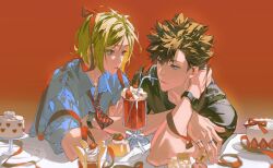  2boys absurdres baozaohuang black_hair black_shirt blonde_hair blue_shirt brown_eyes cake collared_shirt commentary dessert diagonal-striped_clothes diagonal-striped_necktie drinking_straw drinking_straw_in_mouth elbow_on_table food fruit haikyuu!! hair_behind_ear hand_on_own_neck heart highres kozume_kenma kuroo_tetsurou looking_at_another male_focus messy_hair milkshake multiple_boys necktie open_collar plate pudding red_background red_necktie red_ribbon ribbon shirt short_sideburns sideburns sleeve_cuffs spiky_hair strawberry strawberry_shortcake strawberry_slice striped_clothes striped_necktie untranslatable_commentary upper_body watch watch whipped_cream wing_collar 
