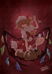  1girl absurdres ascot blonde_hair chinese_commentary collared_shirt commentary_request constricted_pupils crazy_eyes crazy_smile crystal crystal_wings dated eye_trail flandre_scarlet frilled_shirt_collar frills hat hat_ribbon highres holding holding_knife jian_wei_xiao_shi_pian knife light_trail mob_cap multicolored_wings one_side_up red_background red_eyes red_skirt red_vest ribbon shirt skirt skirt_set smile solo stuffed_animal stuffed_toy teddy_bear touhou vest white_hat white_shirt wings yellow_ascot 