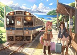  2girls blue_sky book boots brown_boots clouds commentary_request day haru_urara_(umamusume) highres holding holding_book jacket knee_boots lace-up_boots mountain multiple_girls natsuki_(digretking) open_clothes open_jacket outdoors pleated_skirt railroad_tracks rice_shower_(umamusume) rolling_suitcase shore skirt sky standing suitcase train train_station_platform umamusume 