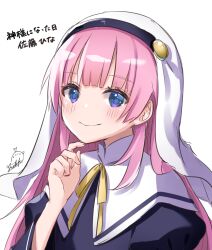  1girl absurdres black_dress blue_eyes blunt_bangs blush character_name closed_mouth commentary_request copyright_name dress eyelashes hair_over_shoulder hand_up heart highres juliet_sleeves kamisama_ni_natta_hi long_hair long_sleeves looking_at_viewer nun pink_hair puffy_sleeves satou_hina_(kamisama_ni_natta_hi) sidelocks signature simple_background sketch smile solo upper_body veil white_background white_veil wide_sleeves yuteke_key 