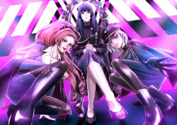  3girls ankle_boots aohitsugi_nemu armband belt_buckle black_gloves black_hair blue_eyes boots brown_hair buckle capelet collarbone commentary_request flower forehead gloves high_heels highres hime_cut hypnosis_mic jacket kadenokoji_ichijiku knee_boots kotonohatoh kotonohatoh_uniform long_sleeves makeup multiple_girls pantyhose pink_eyes pink_hair shelty sitting tohoten_otome upper_body white_hair 