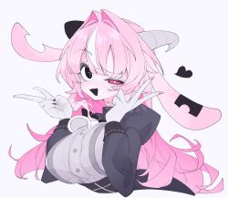  1girl animal_ears bell black_mouth black_nails blush breasts colored_skin commentary double_v femme_soule goat_ears goat_girl goat_horns grey_background heart heterochromia highres horns juliet_sleeves large_breasts long_hair long_sleeves multicolored_hair nail_polish neck_bell notched_ear open_mouth pink_hair pink_nails puffy_sleeves pukey_goddess_shot_trick shihiki simple_background solo streaked_hair upper_body v very_long_hair white_hair 