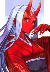  1girl blue_sky clouds colored_skin commentary day english_commentary fingernails grey_hair hand_up highres horns japanese_clothes kimono long_fingernails long_hair long_sleeves obi oni original parted_lips red_eyes red_kimono red_skin sash skaggshood sky solo upper_body very_long_hair 