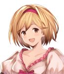  1girl absurdres annno_ans bangs blonde_hair blush bow breasts brown_hair collarbone commentary_request djeeta_(granblue_fantasy) frills granblue_fantasy hair_ornament hairband highres lips looking_at_viewer medium_breasts open_mouth puffy_sleeves shiny shiny_hair short_hair simple_background smile solo upper_body white_background 