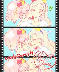  ! !! 2girls aikatsu! aikatsu!_(series) amahane_madoka blonde_hair character_name closed_eyes commentary_request crown english_text eye_contact face-to-face fake_photograph film_reel hairband heart kiss kissing_cheek kumo_suzume kurosawa_rin long_hair looking_at_another multiple_girls multiple_views pink_hair profile sequential smile tongue tongue_out twintails yuri 