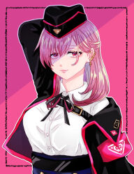  1girl armband az-uki belt_buckle belted_jacket black_ribbon breasts buckle chest_belt collar_tug commentary_request ear_cuffs garrison_cap hat hypnosis_mic keitoin_honobono kotonohatoh_uniform large_breasts long_sleeves pink_armband pink_background pink_hair pink_trim plaid_tablecloth red_eyes ribbon solo upper_body 