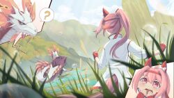  1girl ? absurdres animal_ears blue_sky bow bubble buruma claws clouds color_connection commentary crossover ear_bow ear_covers english_commentary fingerless_gloves gloves haru_urara_(bestest_prize)_(umamusume) haru_urara_(umamusume) headband highres horse_ears horse_girl horse_tail jacket long_hair mizutsune monster monster_hunter_(series) open_mouth outdoors pink_buruma pink_hair pink_headband ponytail red_buruma red_gloves red_headband ruuwak sky speech_bubble tail umamusume water white_jacket 