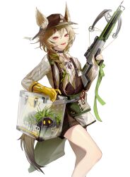  1girl absurdres animal_ear_fluff animal_ears arknights arrow_(projectile) beanstalk_(arknights) blonde_hair braid brown_hat brown_shorts brown_tail brown_vest chinese_commentary commentary_request crossbow ears_through_headwear fang feet_out_of_frame gloves green_ribbon grey_shirt hair_between_eyes hair_ribbon hat highres holding holding_crossbow holding_weapon infection_monitor_(arknights) long_hair metal_crab_(arknights) open_mouth red_eyes ribbon shirt shorts single_glove smile solo standing striped_clothes striped_shirt tail trigger_discipline vertical-striped_clothes vertical-striped_shirt vest weapon xianyouban yellow_gloves 