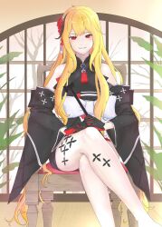  1girl bare_shoulders black_kimono blonde_hair chair detached_sleeves english_commentary flower hair_ornament highres holding holding_smoking_pipe hololive hololive_indonesia ichiyaichimaru japanese_clothes kaela_kovalskia kaela_kovalskia_(new_year) kimono kiseru long_hair looking_at_viewer obi official_alternate_costume on_chair print_kimono red_eyes red_flower red_rose rose sash sleeveless sleeveless_kimono smile smoking_pipe sticker_on_leg very_long_hair virtual_youtuber 