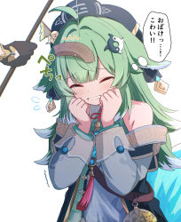  1girl 1other ahoge animal_ear_piercing animal_ears black_hat black_jacket clenched_hands clenched_teeth closed_eyes commentary_request cowboy_shot fishing_rod flying_sweatdrops fox_ears fox_girl fox_tail green_hair hair_intakes hat highres holding holding_fishing_rod honkai:_star_rail honkai_(series) huohuo_(honkai:_star_rail) jacket open_clothes open_jacket sasanekomaru scared sidelocks simple_background solo_focus speech_bubble tail tearing_up teeth trailblazer_(honkai:_star_rail) translation_request white_background zhuang_hat 