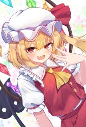  1girl absurdres ascot blonde_hair collared_shirt commentary crystal crystal_wings fang flandre_scarlet frilled_shirt_collar frills hat hat_ribbon highres laevatein_(touhou) looking_at_viewer mob_cap multicolored_wings one_side_up open_mouth pico_kimuchi puffy_short_sleeves puffy_sleeves red_eyes red_skirt red_vest ribbon shirt short_sleeves skin_fang skirt skirt_set smile solo touhou vest white_hat white_shirt wings yellow_ascot 