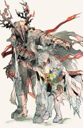  1boy 1girl absurdres animal_ears arknights armor blue_flower boots bouquet cloak father_and_child father_and_daughter flower frostnova_(arknights) full_armor gloves hair_over_one_eye highres holding holding_bouquet hood hood_down horns long_hair mask parent_and_child patriot_(arknights) rabbit_ears red_ribbon ribbon rokunose scar scar_on_face scar_on_nose simple_background size_difference skull_mask thigh_boots walking white_flower white_hair yellow_flower 