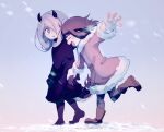  2girls alternate_costume blush boots closed_eyes coat demon_horns horns kagari_atsuko little_witch_academia multiple_girls open_mouth pink_coat smile snow snowing standing standing_on_one_leg sucy_manbavaran tama_(tm_suac) 