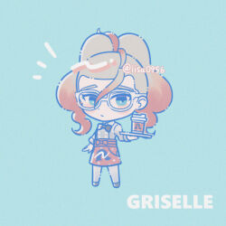  1girl apron character_name chibi chibi_only closed_mouth commentary cup disposable_coffee_cup disposable_cup full_body glasses green_eyes grey_shirt griselle_(pokemon) holding holding_tray lisa0956 looking_at_viewer lowres multicolored_hair notice_lines orange_apron pants pokemon pokemon_legends:_z-a raised_inner_eyebrows shirt solo standing tray two-tone_hair waist_apron 