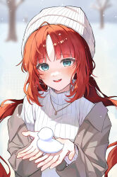  1girl absurdres alternate_costume aqua_eyes beanie blurry blurry_background blush brown_coat coat commentary_request contemporary genshin_impact hat highres holding jewelry long_hair long_sleeves low_twintails necklace nilou_(genshin_impact) off_shoulder open_mouth red_hair smile snow snowing solo sweater teeth twintails upper_body upper_teeth_only white_hat white_sweater winter winter_clothes y91210666 
