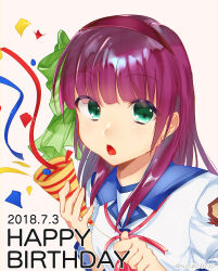  1girl 2018 :o absurdres angel_beats! blue_sailor_collar blunt_bangs bow commentary_request confetti dated eyes_visible_through_hair green_bow green_eyes hair_between_eyes hair_bow hairband hands_up happy_birthday highres holding holding_party_popper medium_hair nakamura_yuri neckerchief open_mouth party_popper pink_neckerchief purple_hair purple_hairband sailor_collar sailor_shirt shinda_sekai_sensen_uniform shirt sidelocks simple_background solo straight_hair teeth twitter_username upper_body white_background white_shirt zuzuhashi 