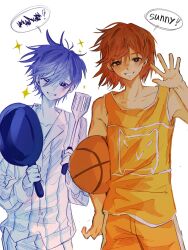  2boys antenna_hair ball basketball_(object) blush brown_hair collarbone collared_pajamas colored_skin commentary danmuji_07 dark-skinned_male dark_skin frying_pan hero_(headspace)_(omori) hero_(omori) highres holding holding_ball holding_frying_pan holding_spatula kel_(faraway)_(omori) kel_(omori) long_sleeves male_focus multiple_boys omori orange_shorts pajamas purple_hair short_hair shorts simple_background smile spatula speech_bubble spoken_squiggle squiggle striped_clothes striped_pajamas vertical-striped_clothes vertical-striped_pajamas violet_eyes white_background white_pajamas white_skin 