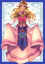  1girl absurdres armor belt blonde_hair blue_border blue_eyes border closed_mouth collared_dress commentary dress earrings english_commentary floating_hair highres holding holding_own_dress jewelry long_hair long_pointy_ears mi9clous parted_hair pauldrons piercing pink_dress pointy_ears princess_zelda short_sleeves shoulder_armor solo the_legend_of_zelda the_legend_of_zelda:_ocarina_of_time tiara triforce 