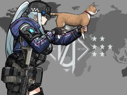  1girl absurdres animal assault_rifle baseball_cap cat cat_tail cross girls'_frontline_2:_exilium girls_frontline gun h&amp;k_hk416 hat heckler_&amp;_koch highres hk416_(girls'_frontline) holding holding_animal holding_cat iron_cross klukai_(girls'_frontline_2) magazine_(weapon) meme rifle slavsegger suppressor tail weapon white_hair 