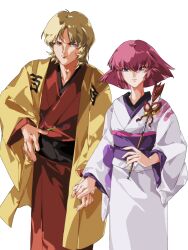  1boy 1girl alternate_costume arrow_(projectile) black_sash blonde_hair blue_eyes char_aznable coat couple full_body gundam haman_karn hamaya haori highres holding holding_arrow holding_hands japanese_clothes kawatooo kimono light_frown light_smile looking_at_viewer obi pink_hair purple_sash red_kimono sash scar scar_on_face scar_on_forehead short_hair v-shaped_eyebrows violet_eyes white_kimono yellow_coat yellow_haori yukata zeta_gundam 
