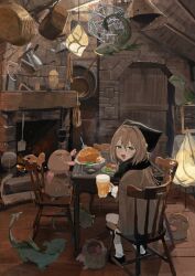 1girl 6+others absurdres alcohol animal animal_nose basket beer beer_mug black_hat black_scarf black_shoes blonde_hair brown_fur brown_sweater chair chicken_(food) closed_eyes commentary creature cup dinner double-parted_bangs dragon drink english_commentary fantasy fireplace food full_body green_eyes hair_between_eyes hair_ornament half-closed_eyes hanging hat highres holding holding_drink indie_virtual_youtuber indoors ladle long_hair long_sidelocks long_sleeves looking_at_viewer looking_back messy_hair mole mole_(animal) mole_girl mole_under_mouth mug multiple_others on_chair open_mouth oversized_animal painterly scarf shoes sidelocks sitting small_dragon socks steaming_food sweater tabby_ragtan tabby_ragtan_(vtuber) table upside-down virtual_youtuber whiskers white_sleeves white_socks 