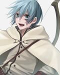  1boy :d absurdres blue_eyes blue_hair bow_(weapon) chitose_izuru hair_between_eyes highres long_sleeves male_focus nekoyanagi_milo sabikui_bisco short_hair simple_background smile solo weapon white_background 