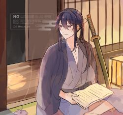  1boy black_haori blush book closed_mouth commentary ensemble_stars! grey_kimono hair_between_eyes hair_ribbon haori haori_on_shoulders highres holding holding_book incense incense_burner japanese_clothes kanzaki_souma katana kimono ko_no_ao long_hair looking_to_the_side male_focus night ponytail porch purple_hair ribbon sheath sheathed signature sitting smile solo sword untranslatable_commentary violet_eyes watermark weapon white_ribbon yukata 