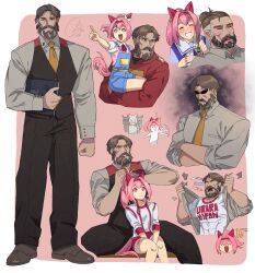  >_< 1boy 4girls :d ^_^ absurdres animal_ears applying_makeup aura beard black_pantyhose black_vest blank_eyes blue_overalls braid braided_beard braided_mustache brown_hair brown_shoes buruma carrying carrying_person closed_eyes collared_shirt commentary covered_abs crossed_arms dark_aura dressing_another ear_covers english_commentary facial_hair flower-shaped_pupils grin hair_tie_in_mouth hairband haru_urara_(bestest_prize)_(umamusume) haru_urara_(casual)_(umamusume) haru_urara_(umamusume) headband highres hood hoodie horse_ears horse_girl horse_tail jacket lipstick makeup mouth_hold multiple_girls multiple_views muscular mustache neck_ribbon necktie overalls pantyhose pink_eyes pink_hair ponytail red_buruma red_hairband red_hoodie red_ribbon ribbon shirt shoes short_hair signature sleepcatz sleeves_rolled_up smile symbol-shaped_pupils tail tearing_clothes torn_clothes trainer_(umamusume) umamusume vest white_headband white_jacket white_shirt xd yellow_necktie 